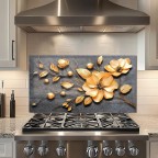 3D Golden Flower Tempered Glass Kitchen Backsplash