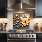 3D Golden Flower Tempered Glass Kitchen Backsplash