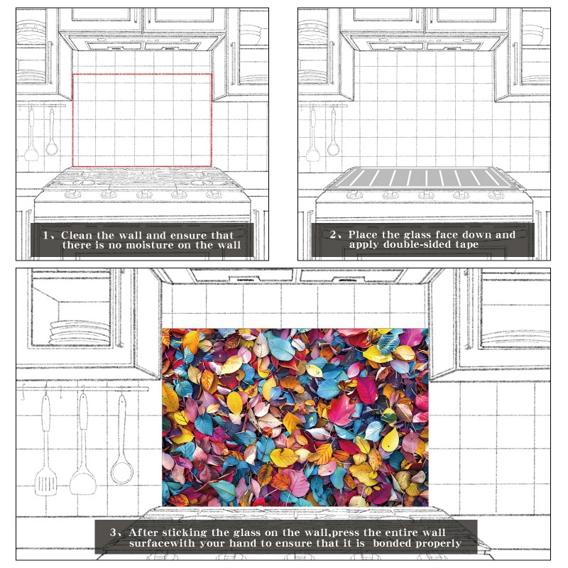 Colorful Leaves Tempered Glass Kitchen Backsplash
