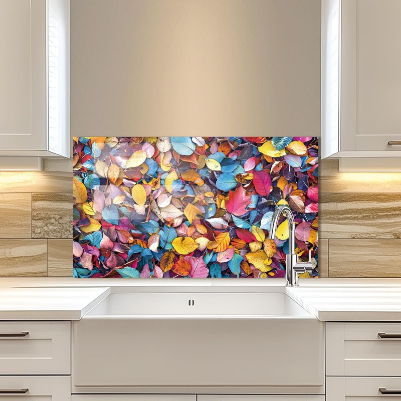 Colorful Leaves Tempered Glass Kitchen Backsplash