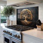 Golden Tree Tempered Glass Kitchen Backsplash