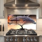 Gray Tree Tempered Glass Kitchen Backsplash