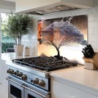 Gray Tree Tempered Glass Kitchen Backsplash