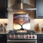 Gray Tree Tempered Glass Kitchen Backsplash