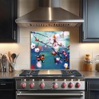 Plum Blossom Tempered Glass Kitchen Backsplash